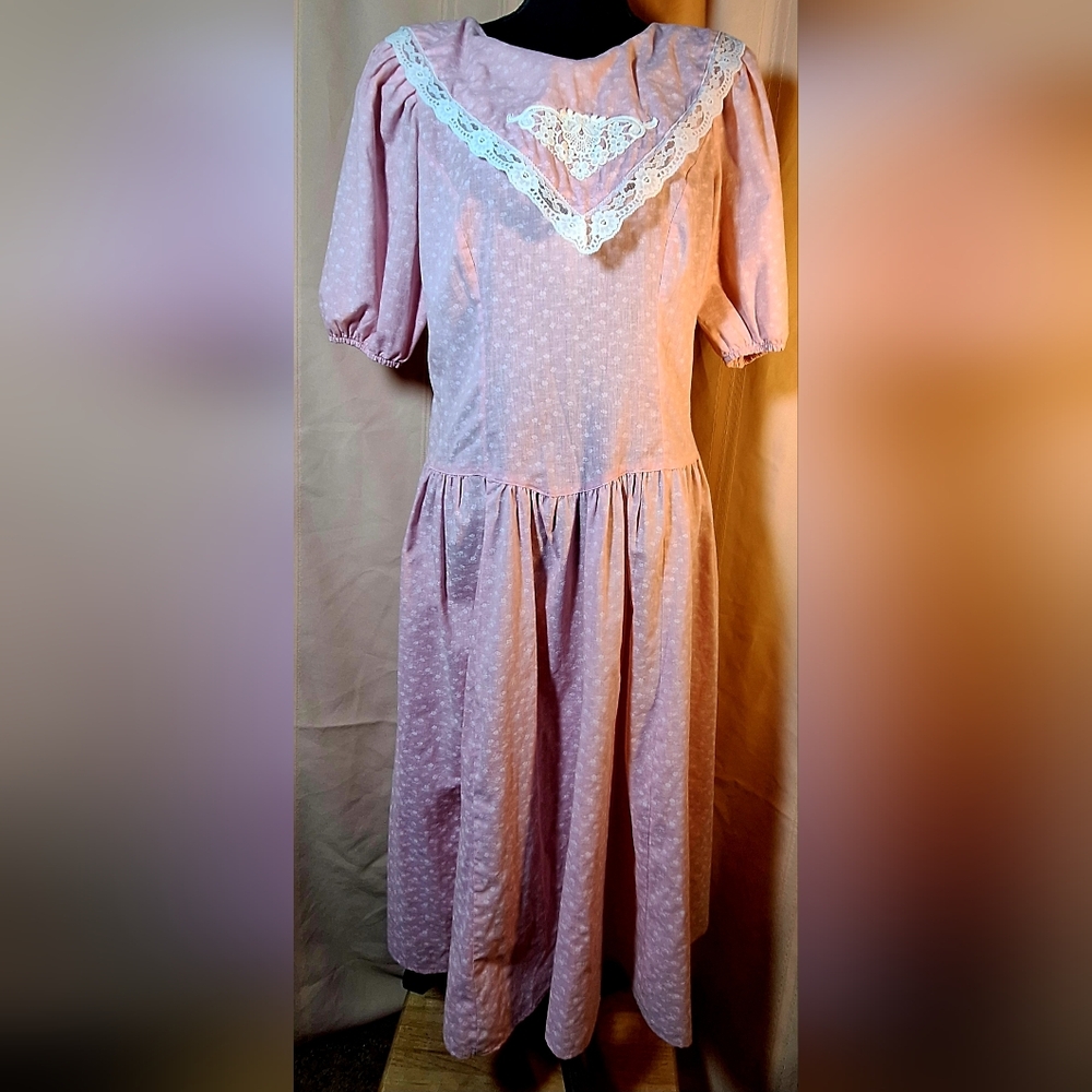 1970's Pink Prairie Dress with Lace Trim and Accents
